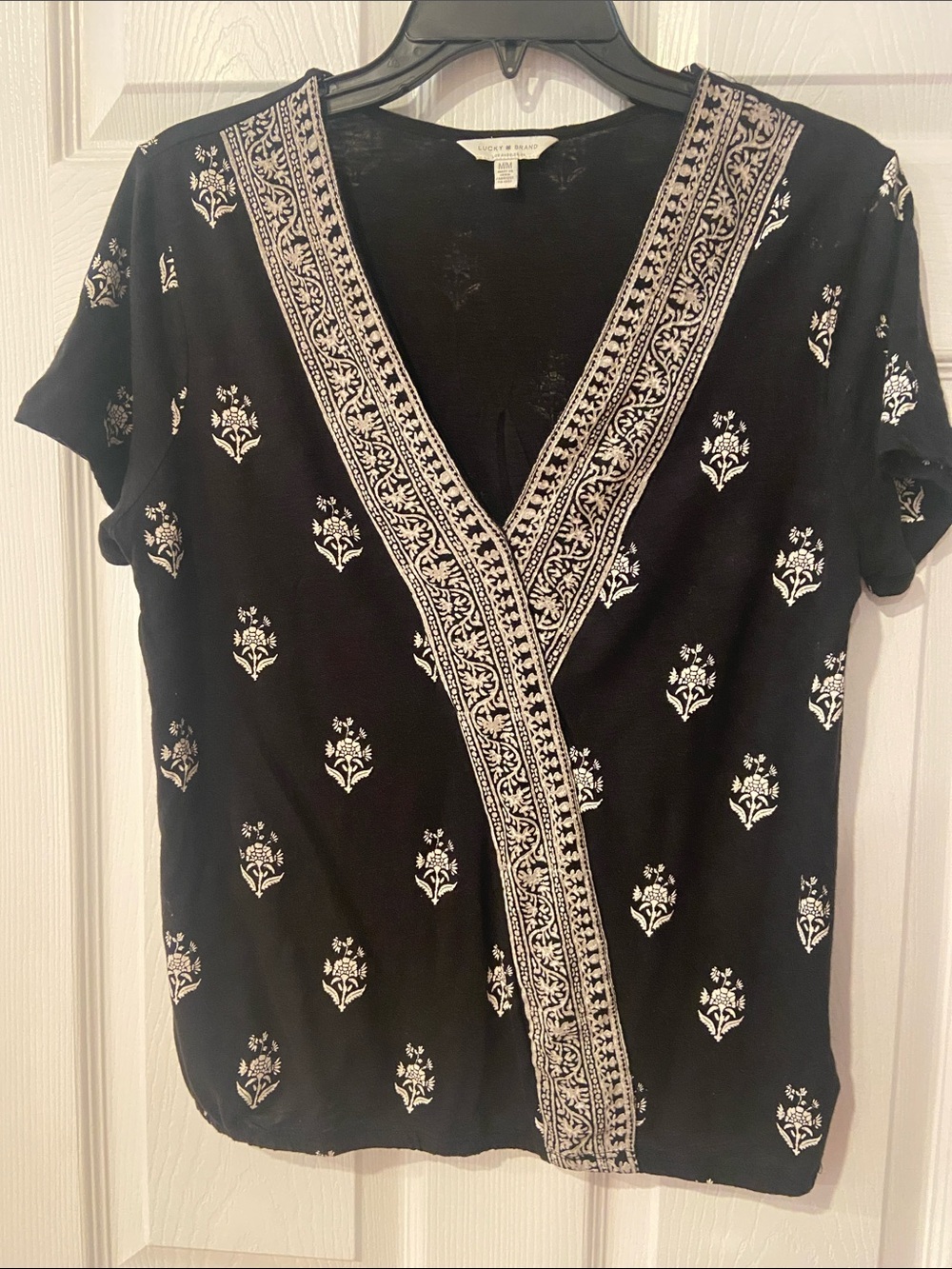 Lucky Brand Black Embroidered V-Neck Women’s Shirt